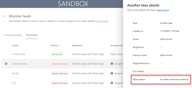 Screenshot of a lead monitoring interface showing lead statuses, assignments, and error details in a Microsoft Dynamics 365 environment.