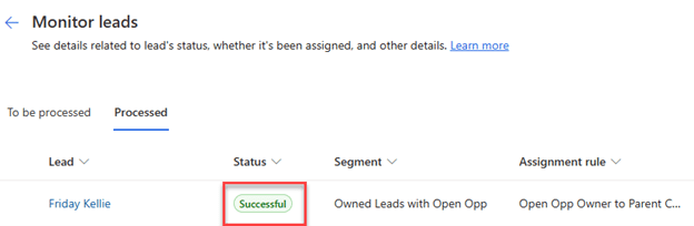 Screenshot of the Monitor Leads status in a CRM system, displaying the lead 'Friday Kellie' with a 'Successful' status after processing.